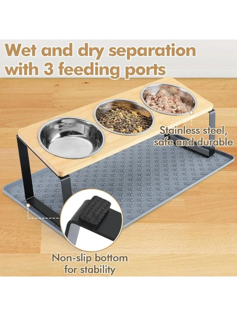 Elevated 15° Cat Bowls with Silicone Mat & 3 Stainless Steel Dishes
